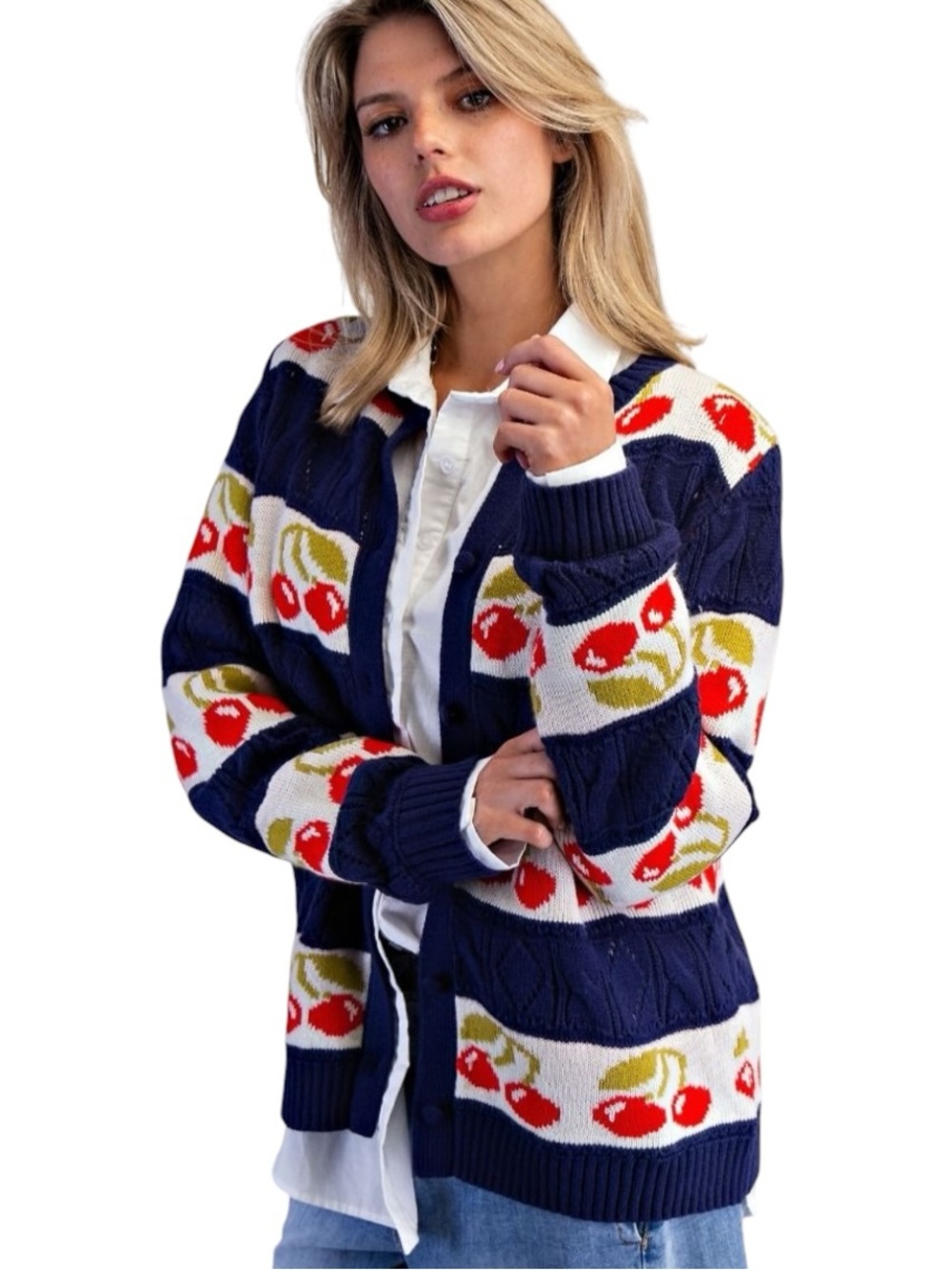 377:  EASEL NWT CHERRY PRINT SWEATER CARDIGAN NAVY (H40)